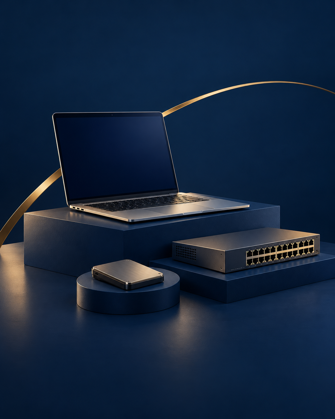 A laptop, networking hardware and a storage drive displayed in a navy and gold studio setting.